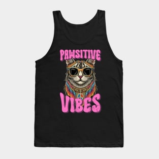 Pawsitive Vibes, Retro Groovy Style Hippie Cat Lover Design Tank Top